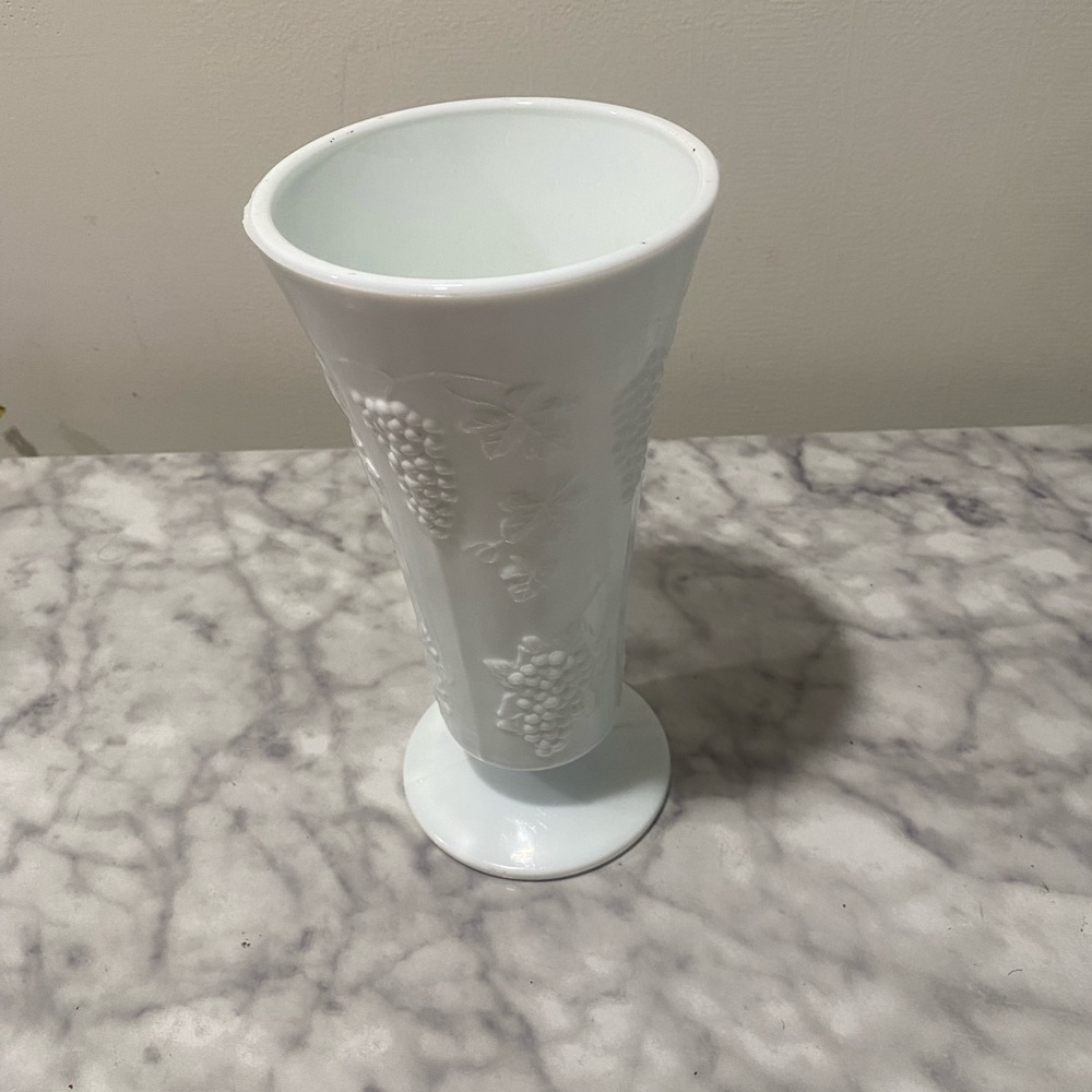 Vintage milk glass vase with grape motif